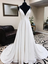 A Line V Neck White Wedding Dresses with Sweep Train, White Formal Evening Prom Dresses